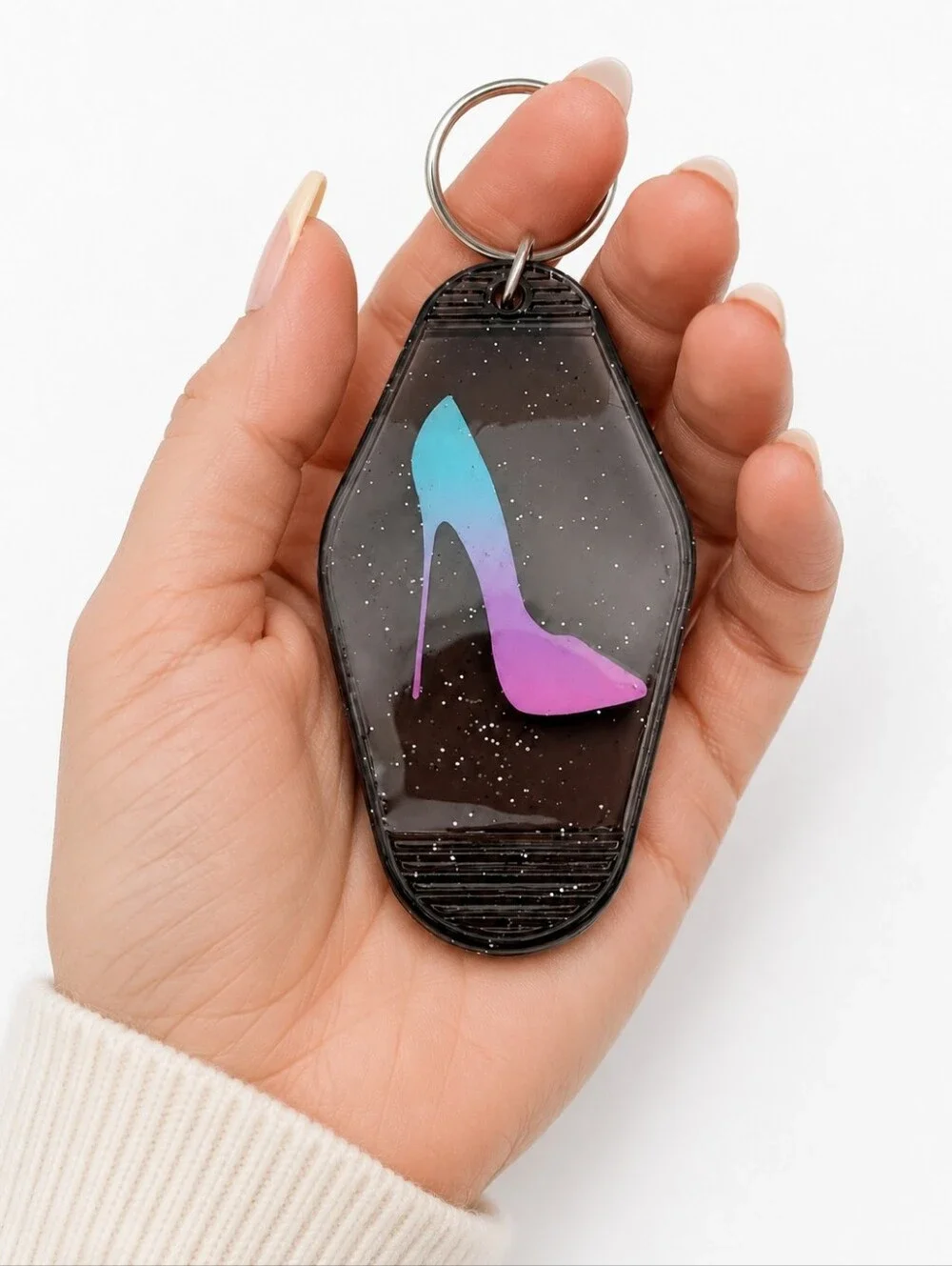 Handmade Retro Motel Keychain Black Glitter UV Resin Pastel Rainbow Heel Pump